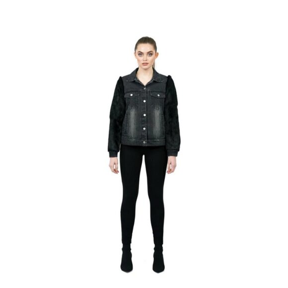 💕LOVE TOKEN💕 Murray Genuine Real Rabbit Fur Sleeve Denim Jacket Coat ~ Black M - Picture 6 of 16